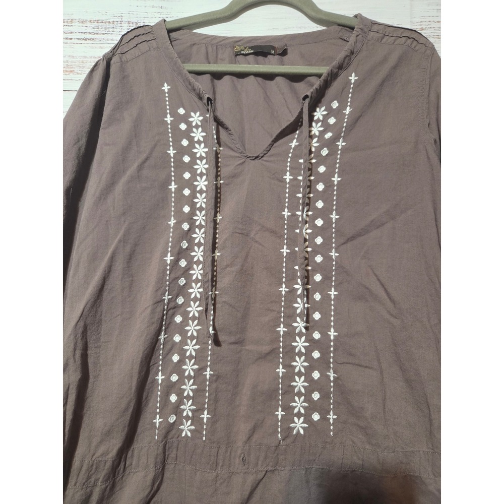 Prana Womens Brown Embroidered Cotton Tunic Top Long Sleeve Roll Tab Boho M - Picture 3 of 8